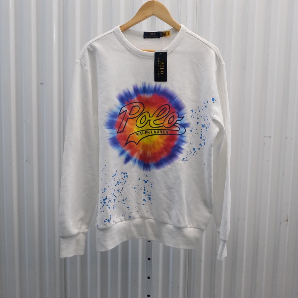 NWT Polo Ralph Lauren Tie Dye Logo Fleece Crewneck Sweatshirt Mens Small White‎